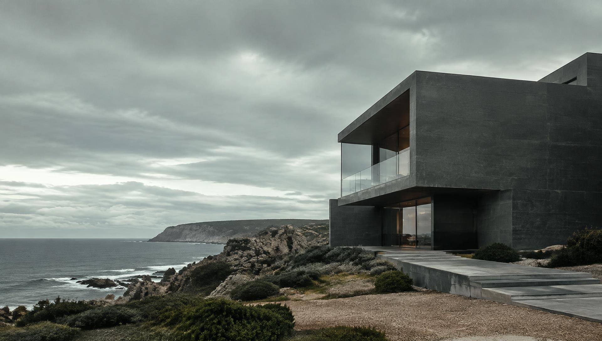 Dark monolithic concrete home on the Cascais coast under an overcast sky